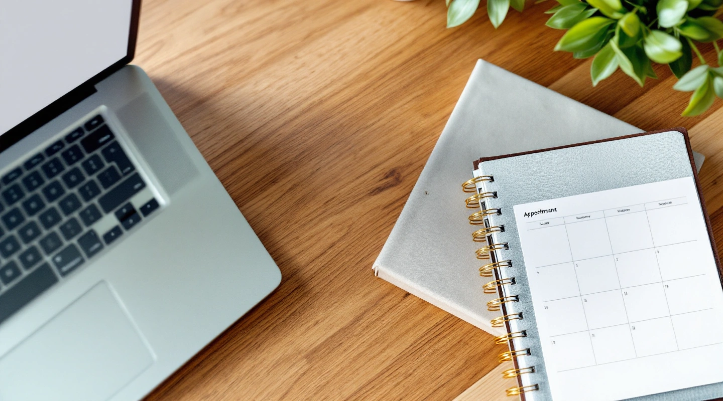 Laptop and paper appointment calendar on a desk