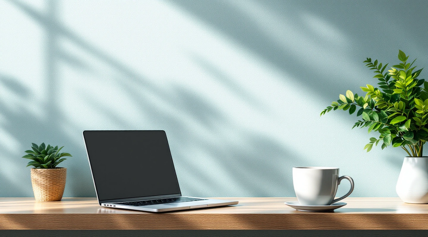Laptop, cup and plant on a sunlit worktable