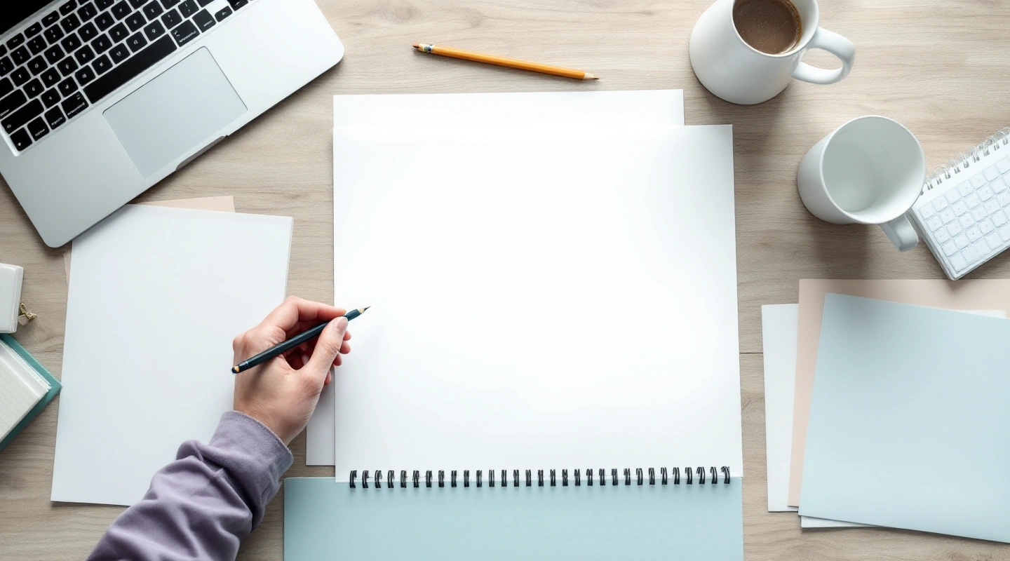 Hand writing on a blank notepad beside a laptop