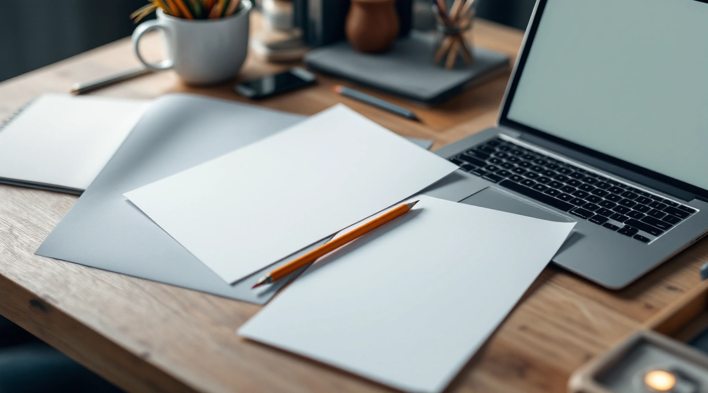 Stacked paper and pencils beside a laptop