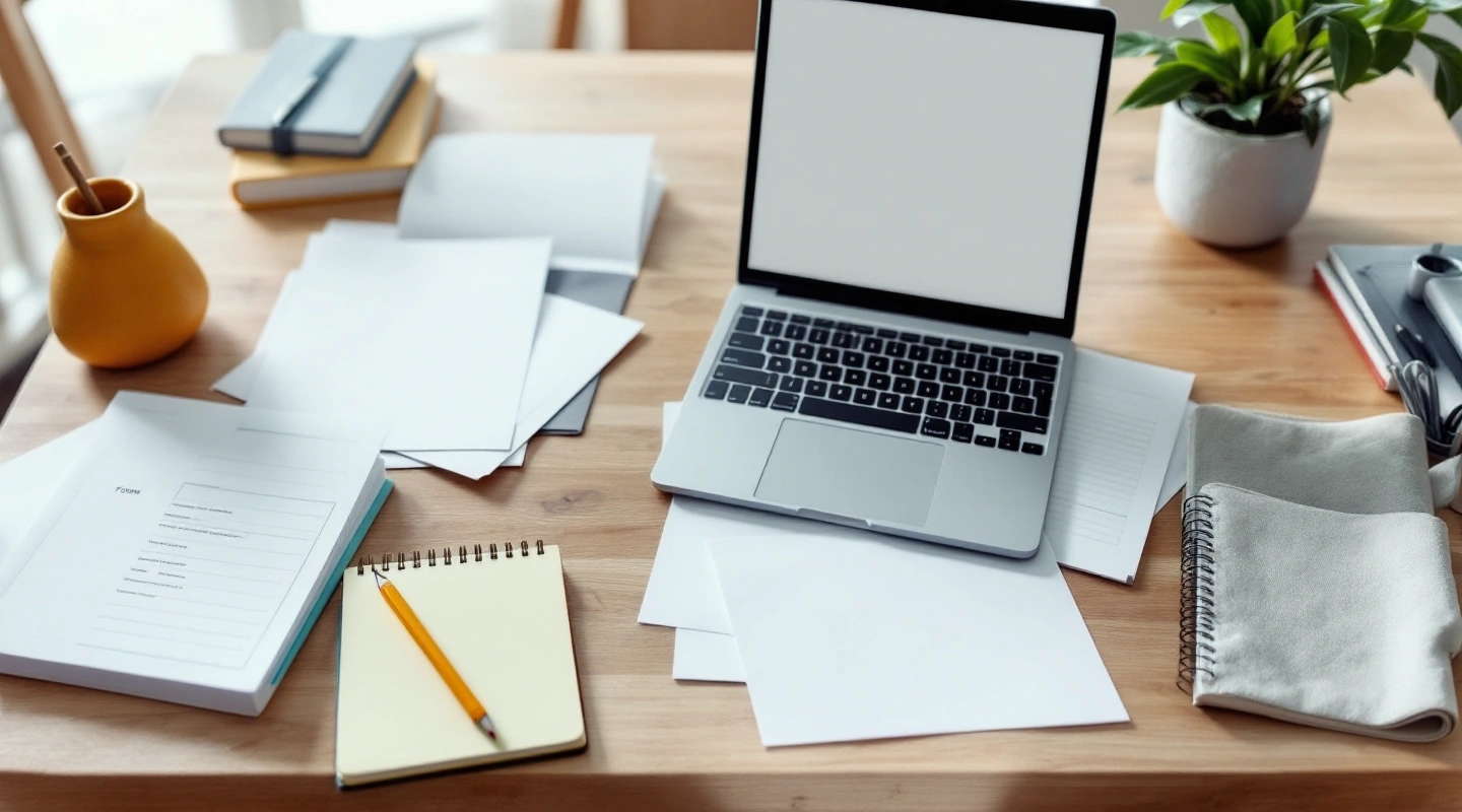 Laptop with a blank screen and paper sheets