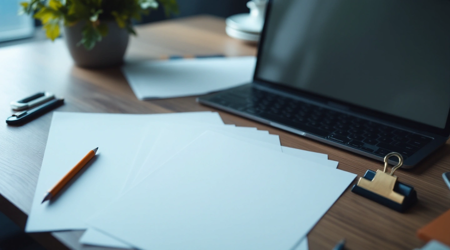 Laptop and clipped paper on a wooden desk