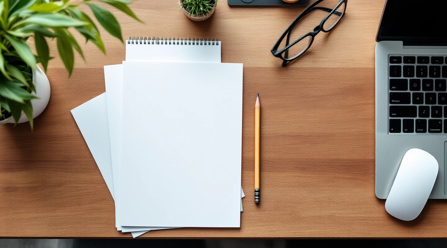 Notebook, glasses and pencil beside a laptop