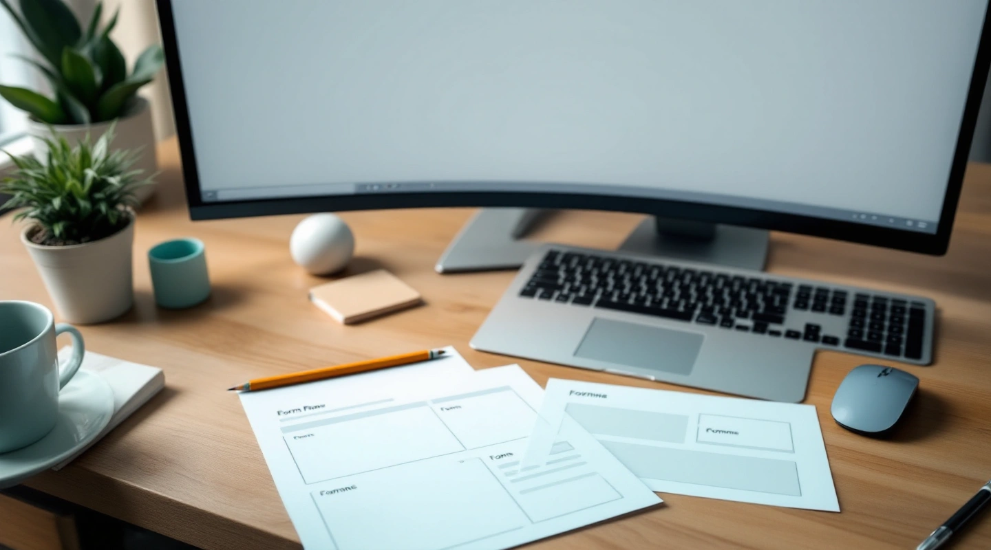Blank monitor, keyboard and paper forms on a desk