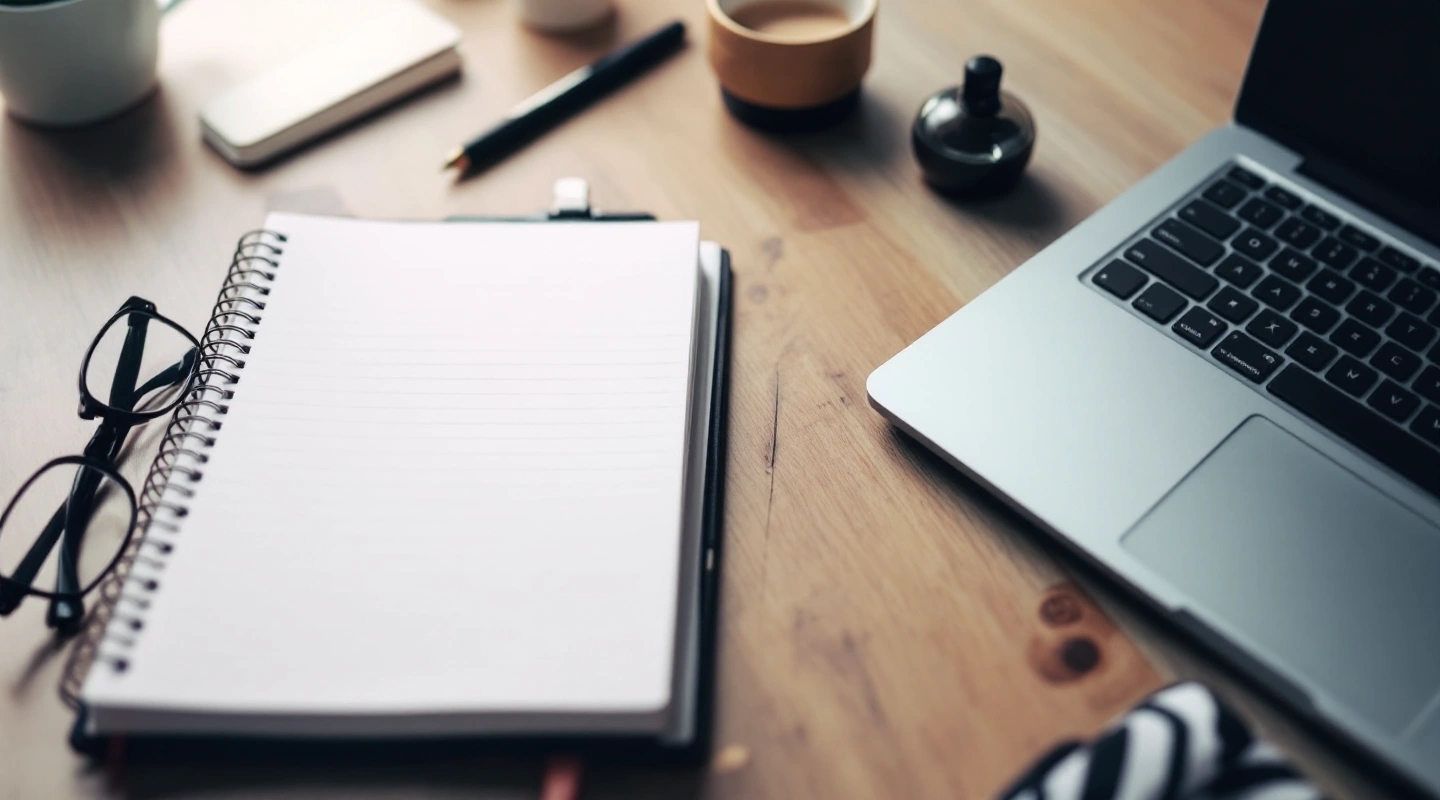 Notebook and glasses beside a laptop