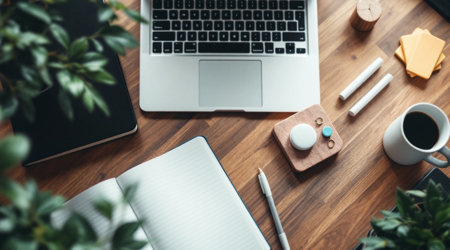 Laptop, stationery and a cup on a desk
