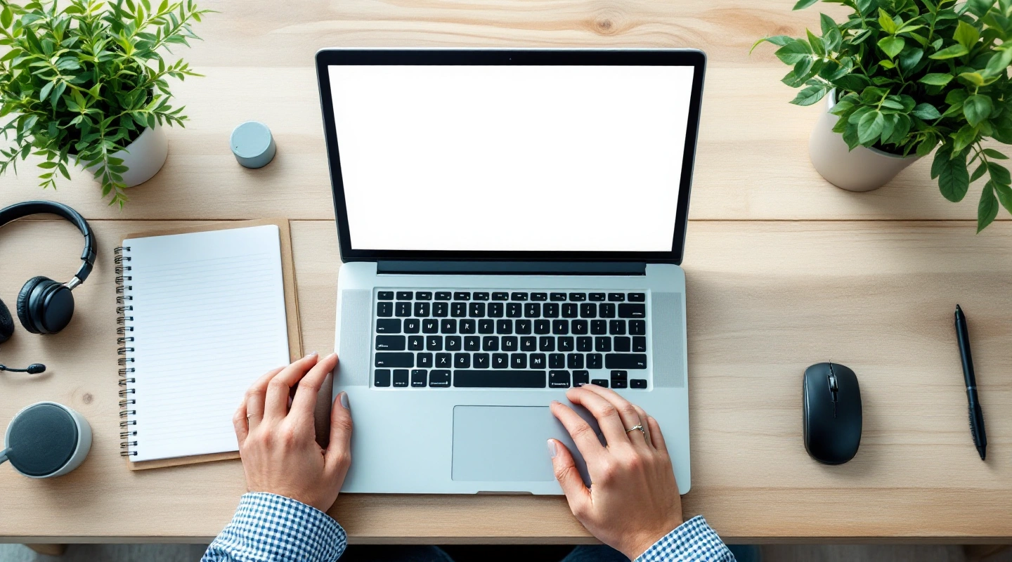 Hands on a laptop beside a headset and notebook