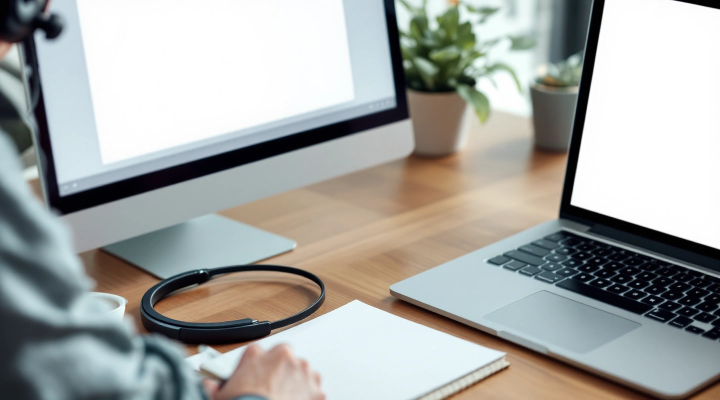 Monitor and laptop on a bright worktable