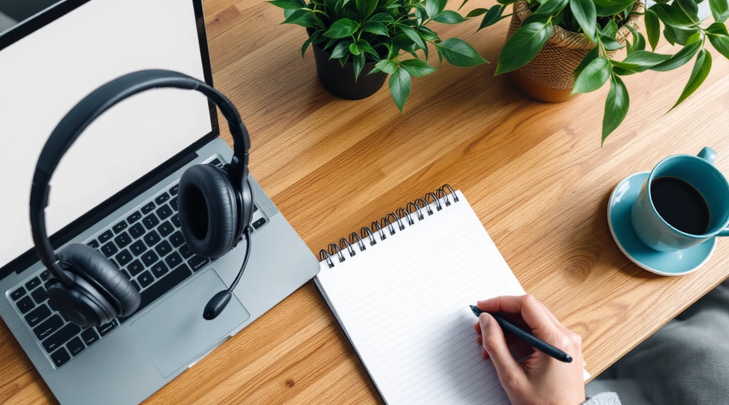 Headset over a laptop beside a notebook