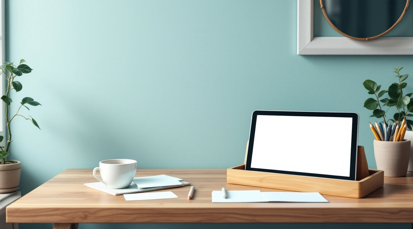 Tablet and blank paper cards on a counter