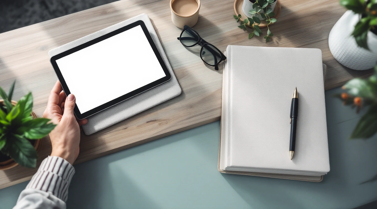 Hands holding a tablet beside blank cards