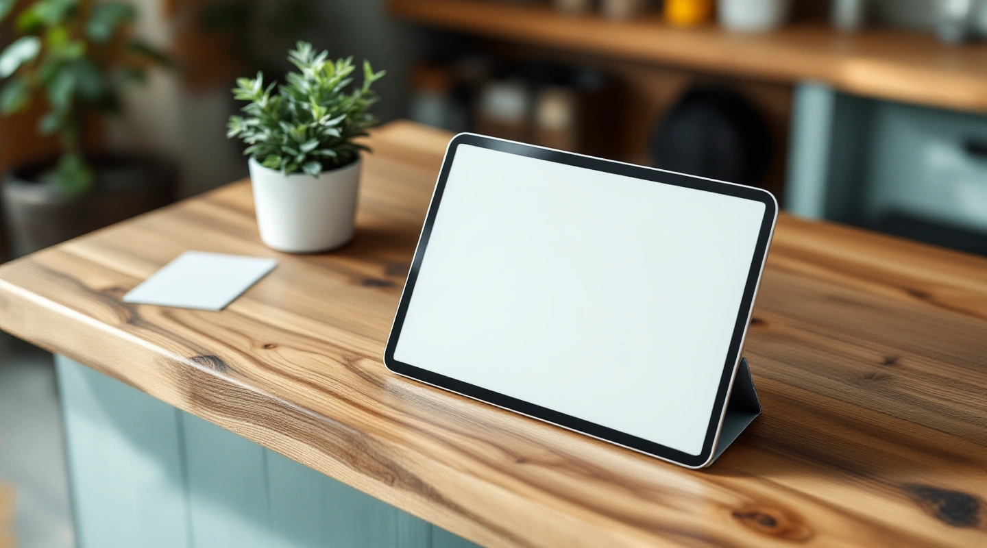 Tablet, notebook and plant on a wooden counter