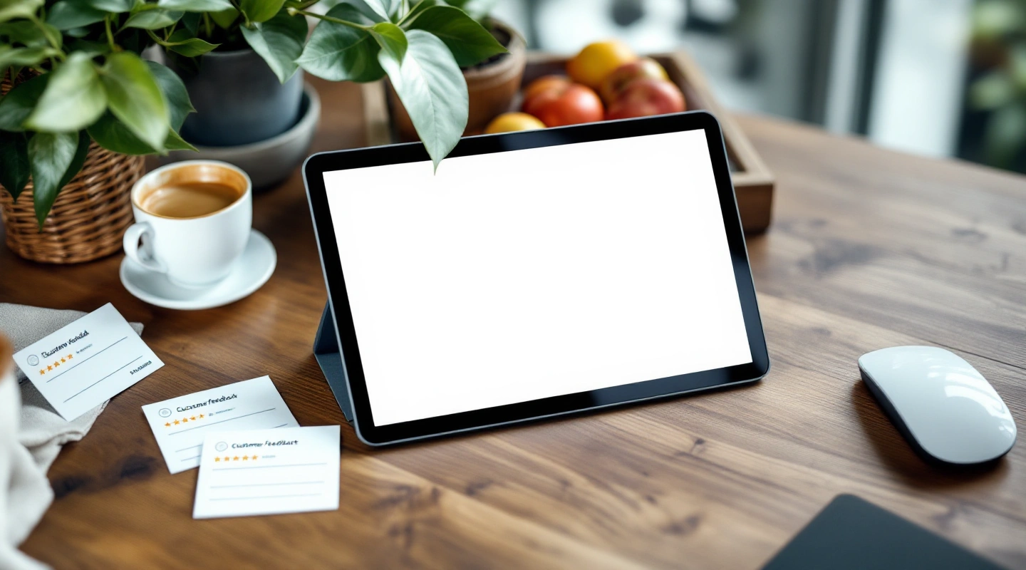 Tablet beside paper cards and a cup