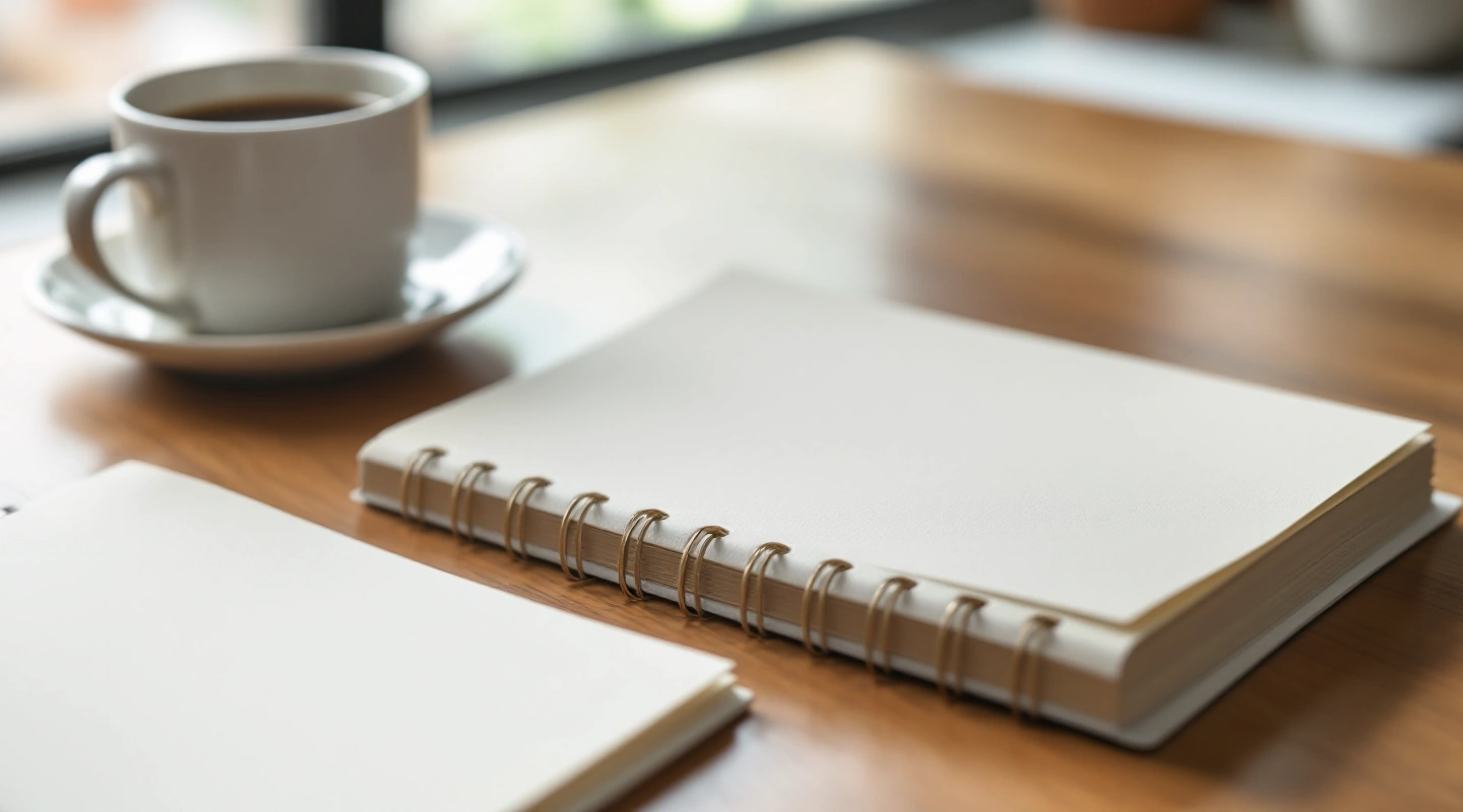 Blank notebook and unmarked cards beside a cup on a wooden desk