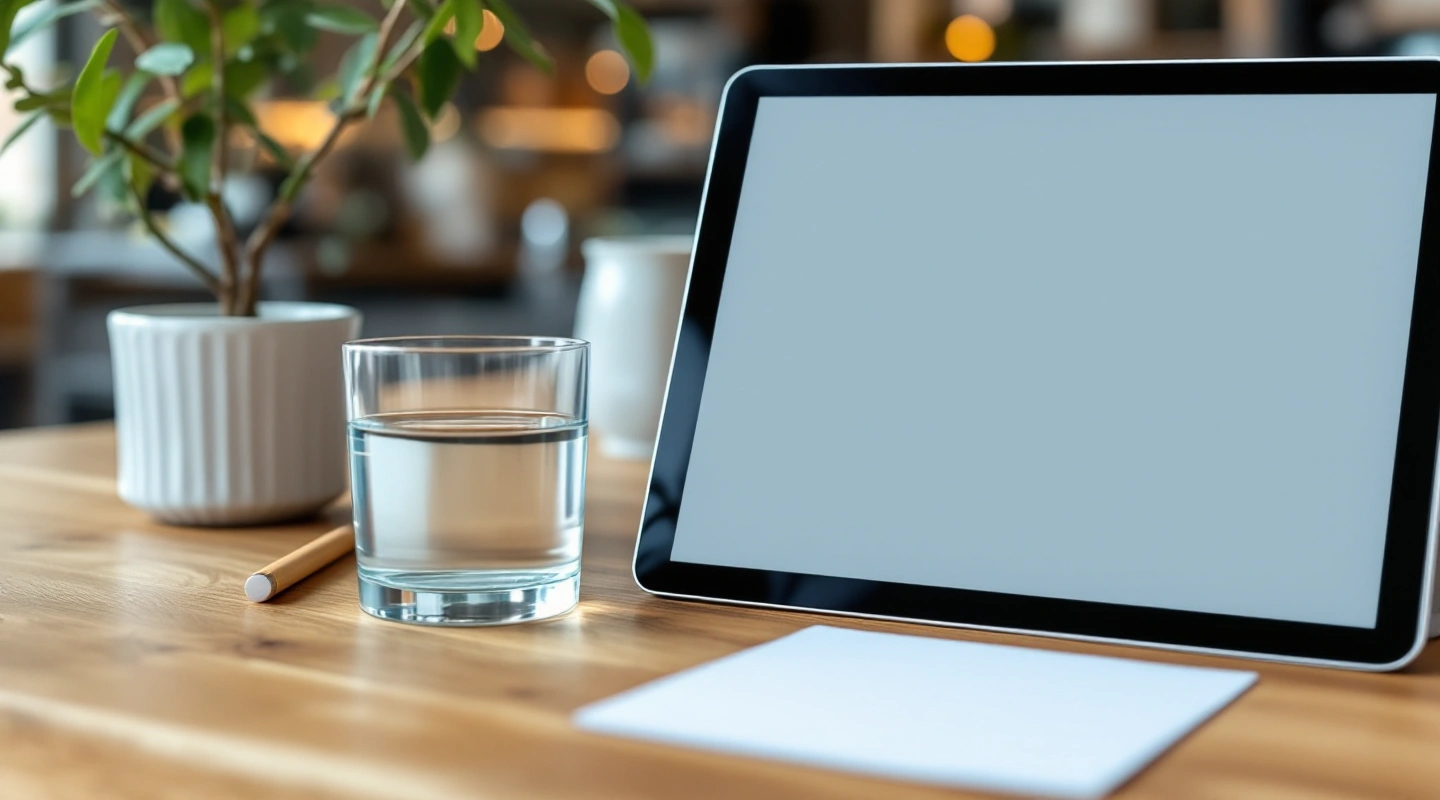 Laptop, glass of water and plant on a desk