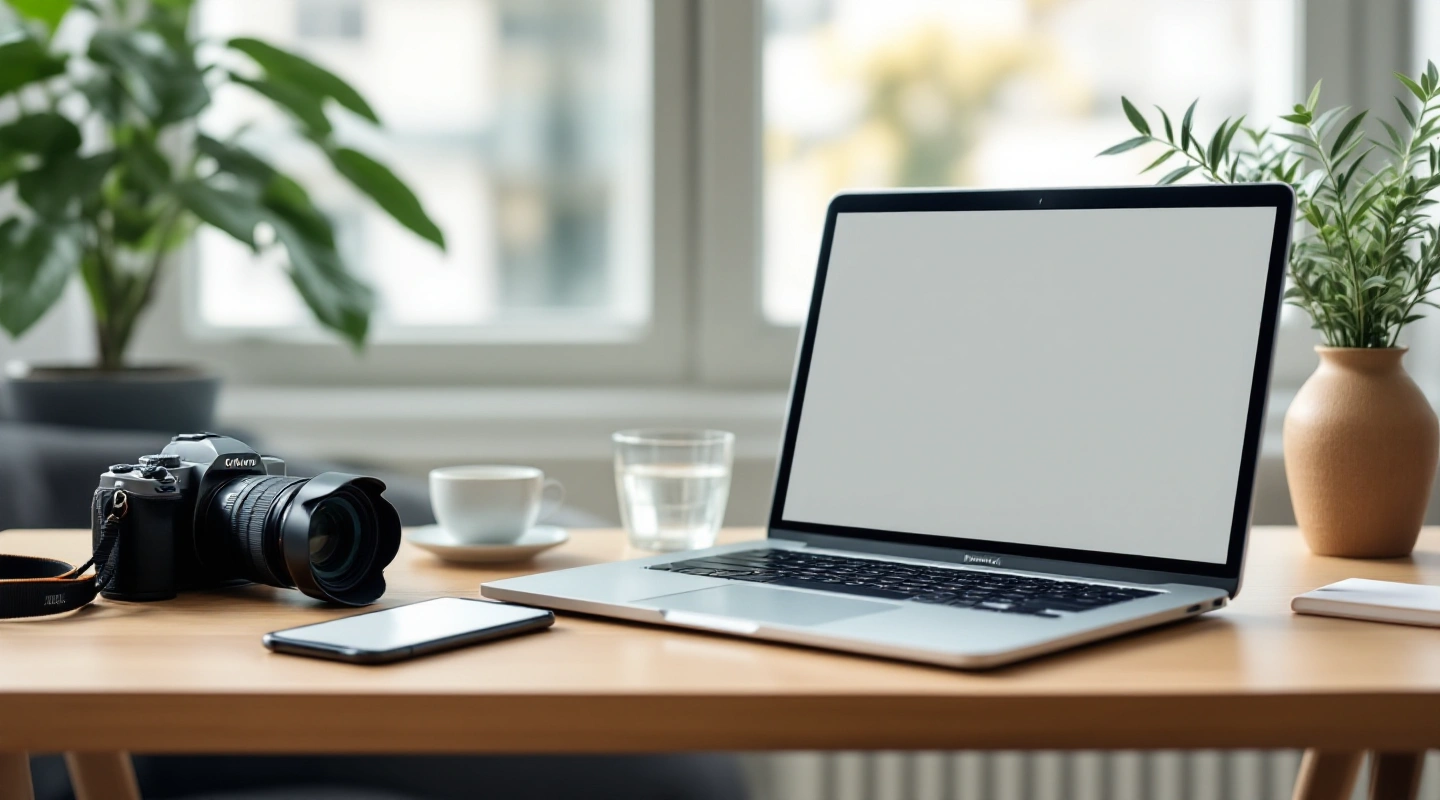 Camera beside a laptop on a bright desk