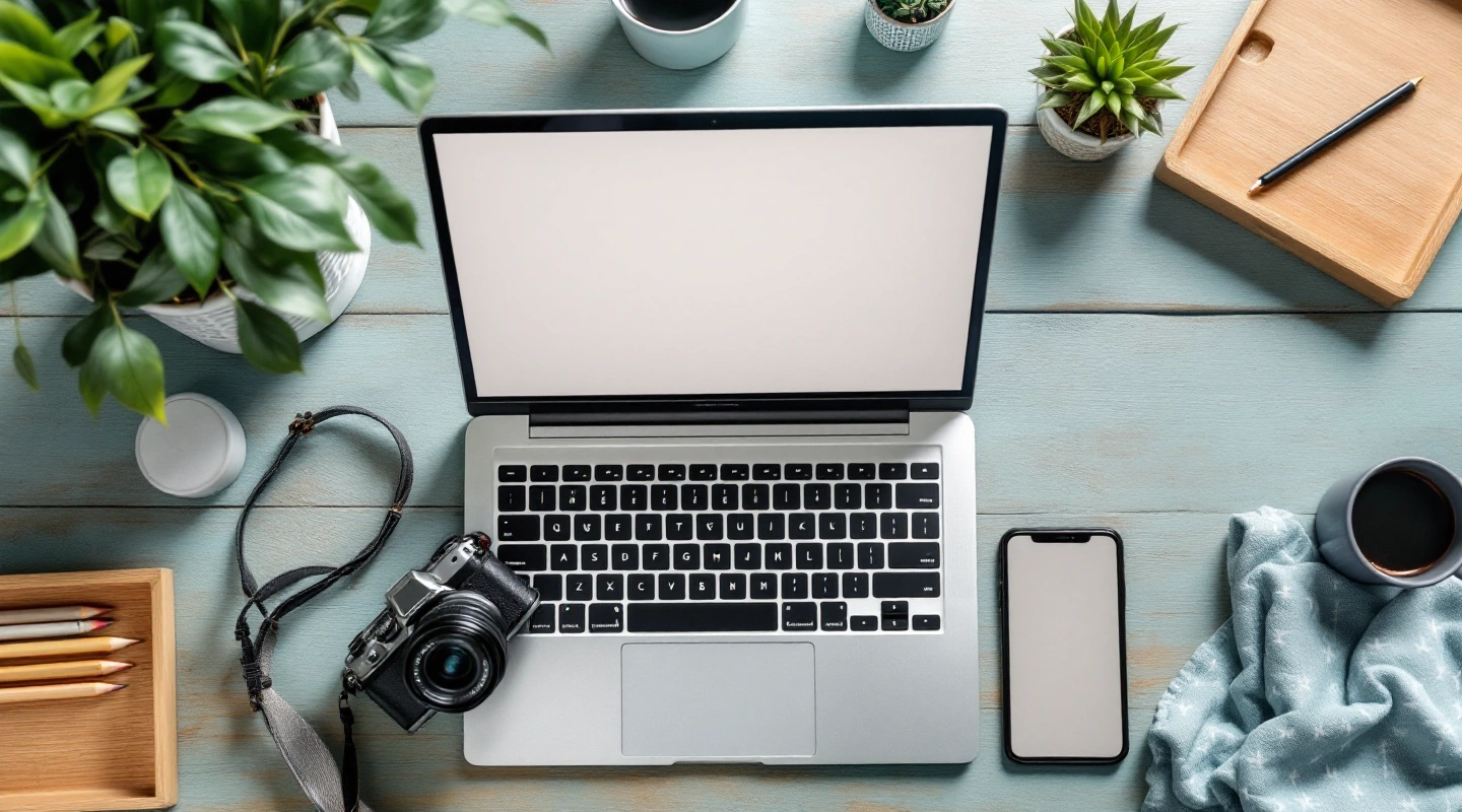 Camera and laptop on a wooden worktable