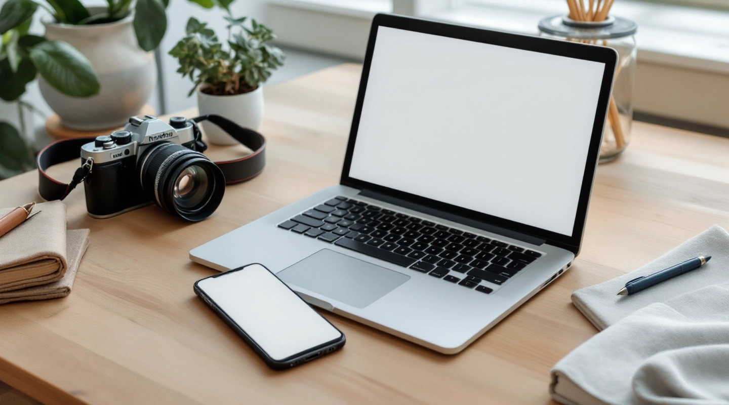 Camera, phone and laptop beside a cup