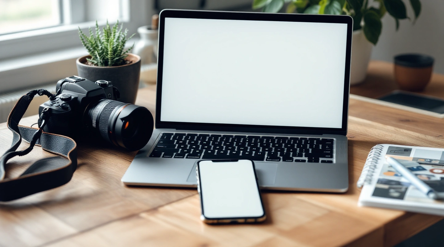 Laptop and camera on a bright workspace