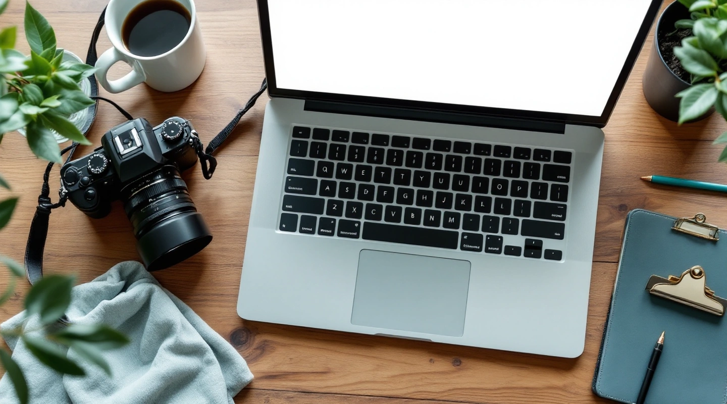 Hands holding a camera beside an open laptop