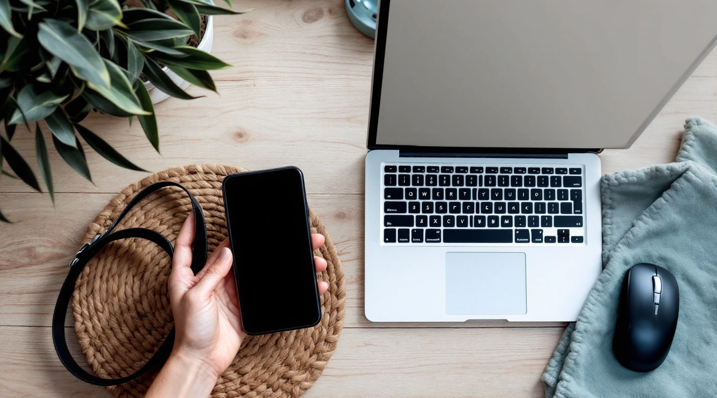 Hands holding a phone beside a laptop