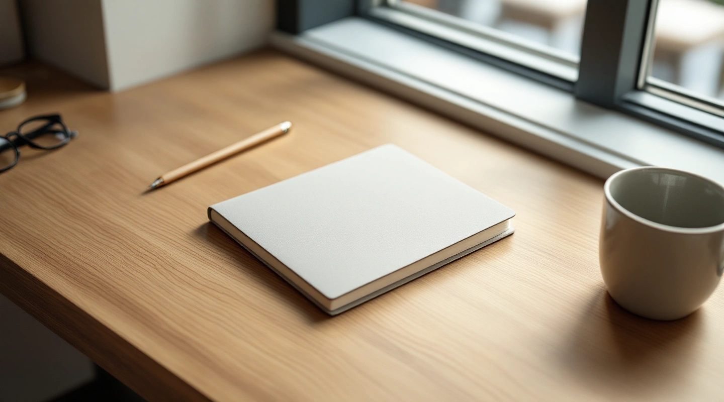 Blank notebook, pencil and ceramic cup on a sunlit wooden desk