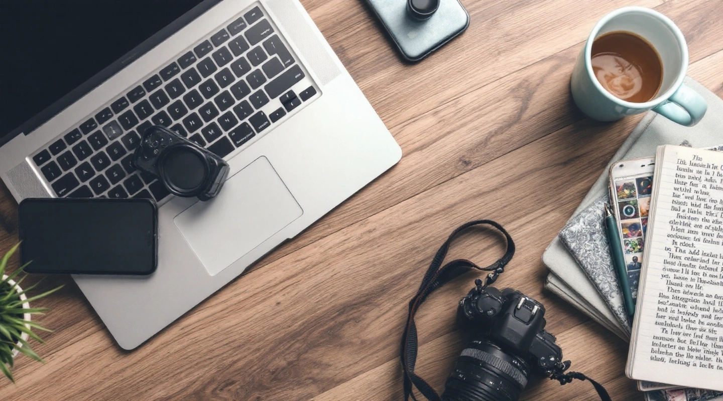 Laptop and camera viewed from above