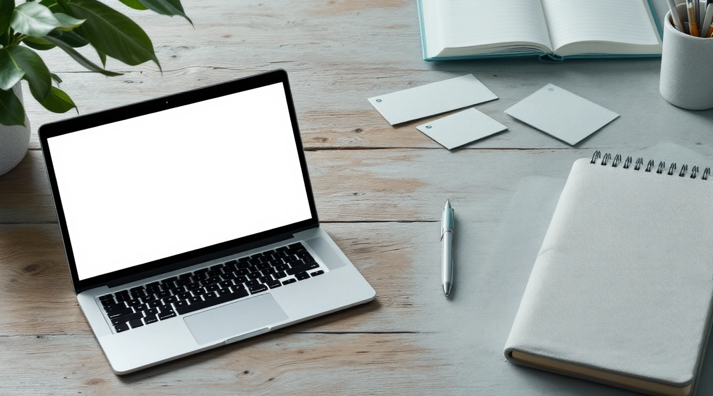 Laptop and blank cards on a worktable