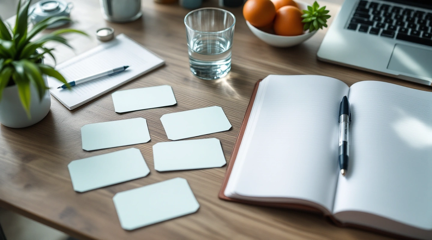 Blank cards and laptop on a bright desk