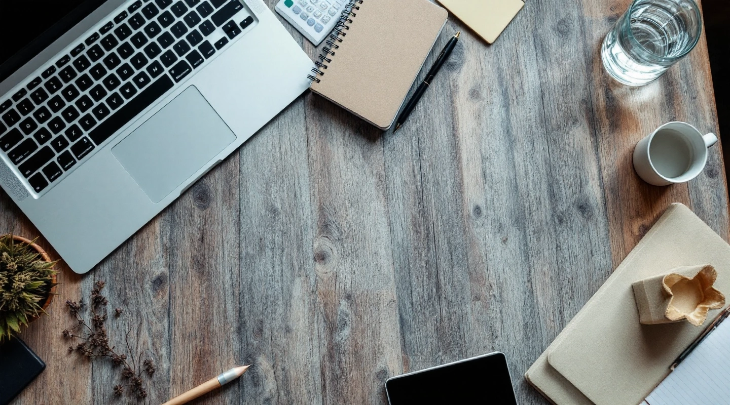 Laptop and notebook on a wooden worktable